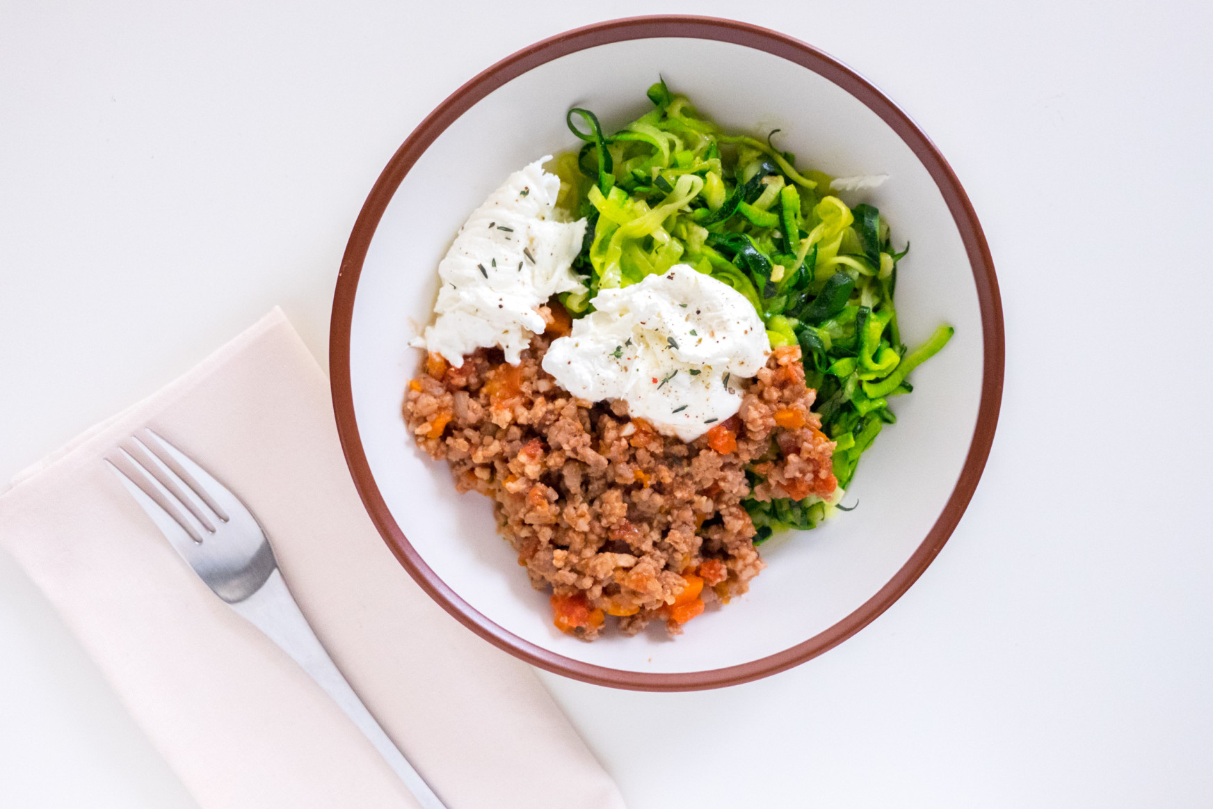 Pasta de Calabacín Boloñesa y Queso Burrata